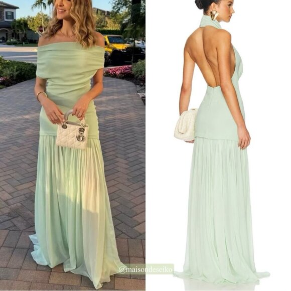 NWT Helsa Maxi Dress Gallery Mint Green Halter Off Shoulder Wedding Guest M - Picture 1 of 12